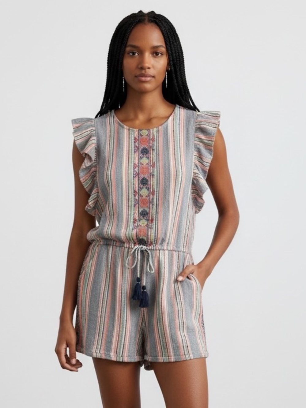 THML Striped Floral-Embroidered Sleeveless Romper in Multi S Boho